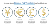 Finance PowerPoint template featuring currency symbols Yen, Euro, Pound, and Dollar with placeholder text.