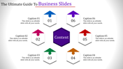 Business template featuring a central purple content area surrounded by six colorful arrow-shaped sections.