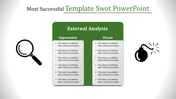 SWOT slide showing external analysis with Opportunity and Threat sections, illustrated with magnifying glass and bomb icons.