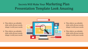 Marketing plan presentation template with a computer screen, a magnifying glass, and various documents surrounding it.