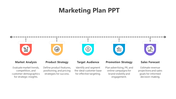 Marketing plan template with five key sections from Market Analysis to Sales Forecast with icons and text descriptions.