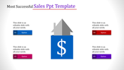 Sales slide featuring a central house design with a dollar sign and four labeled options in blue, red, and purple.