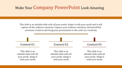 Business presentation slide with three evenly spaced content blocks underlined with brown lines.