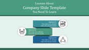 Digital company slide three rectangles labeled options 01, 02, and 03, with icons for writing, meeting, and organization.