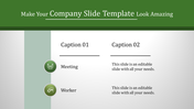 Split design with company slide captions, meeting and worker icons, and text placeholders on a gray gradient background.