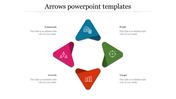 Four triangular arrows in blue, green, red, and pink with icons for money, target, growth, and teamwork.
