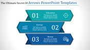 Three horizontal arrows in blue hues, stacked vertically with numbers 01 to 03, each featuring icons and text.