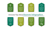 PowerPoint slide presenting tips about keynote infographics, featuring eight content boxes with icons.