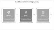 Infographic design with three gray blocks, each holding an icon and text, linked by dotted lines.