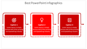 Three step red infographic with square boxes, icons inside, dashed outer frames, and arrows connecting each section.