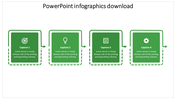 Infographics PowerPoint slide with four sections, each with a different icon and description, in green boxes.