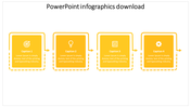 Infographic template with four yellow sections, each containing an icon and description, surrounded by dashed borders.
