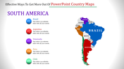 South American slide country map with highlighted regions and labels for countries such as Brazil, Argentina, and Venezuela.