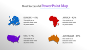 Slide showing four colorful country maps in blue, red, purple, and orange, associated with percentages and captions.