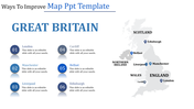 Map PPT template highlighting key cities in Great Britain such as London, Manchester, and Edinburgh with placeholder text.