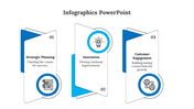 Infographic template featuring three folded panels in blue and white, each with an icon and description.