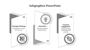 Modern layered infographic with three white cards, each labeled with numbers, icons, and descriptions of business concepts.
