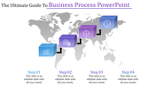 Business process infographic with four blocks in blue and purple, showing steps 1 to 4 with icons for process flow.