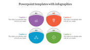 Slide showing four circular icons in purple, orange, blue, and green with captions labeled 01 to 04.