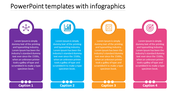 Four colorful vertical infographic blocks in purple, blue, orange, and pink, each with icons and captions.
