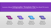 Horizontal layout with four gradient tabs in pink, purple, and blue, numbered 01 to 04, each with text beneath.