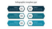 Six horizontal banners with hexagonal number labels, arranged in two rows of three, in shades of blue and teal.