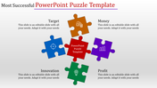 Five puzzle pieces in red, blue, green, orange, and purple with icons and text labels for a business template.