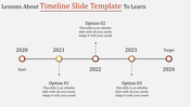 Linear timeline featuring circular markers for years 2020 to 2024 with captions below, on a white background.