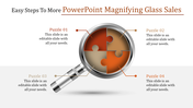 PowerPoint template showing a magnifying glass with puzzle pieces, demonstrating the steps to increasing sales with captions.