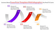 Colorful infographic with six curved ribbons in purple, red, and orange, each labeled as elements 01 to 06.