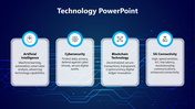 Technology slide featuring Artificial Intelligence, Cybersecurity, Blockchain Technology, and 5G Connectivity with text.