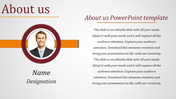About us slide with a photo in a red circular frame, with text for name, role, and detailed description, on the right.