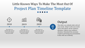 Minimalist project timeline years with target, graph, and money icons, ending with a highlighted blue output section.