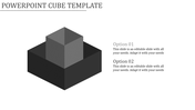 Minimalist cube template with a layered black and gray design and two placeholder text areas labeled with options.