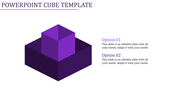 Purple cube with a darker purple base and two editable text options labeled with two options on the right.