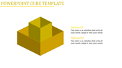 Yellow cube PPT template with a stacked cube design and two options with placeholder text.