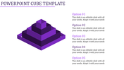 Purple cube PPT template with a tiered pyramid structure and five options for text.
