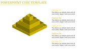 Yellow cube PPT template with a stacked pyramid design and five sections for content.