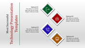 Four step technology infographic showing colored diamonds with white icons for direction, data download, phone, and printer.