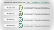 Slide featuring four white horizontal content boxes, with green circular icons, and text on a gray gradient background.