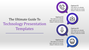 Technology slide with four circular icons in purple and blue speech bubbles, labeled as options with text.