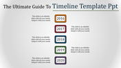 PowerPoint slide featuring a timeline from 2016 to 2020 with placeholder text sections.