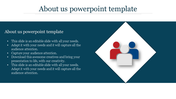 PowerPoint slide with About Us template, featuring text and team icons in red, blue, and gray.