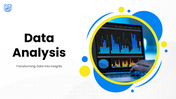 Data Analysis PPT Templates with blue yellow theme, charts, dashboards, icons, and circular shapes layout design.