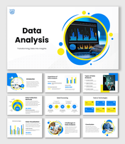 Data Analysis PPT Templates with blue yellow theme, charts, dashboards, icons, and circular shapes layout design.