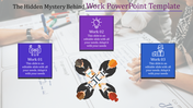 A PowerPoint template illustrates work related concepts with three sections, each featuring icons and a caption.