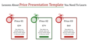 A price presentation PPT template featuring three price options, each with a price tag icon and a description.