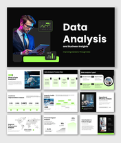 Data analysis presentation template on analytics processes, customer insights, performance, and business decisions