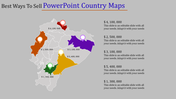 Country map infographic highlighting five regions in different colors, each labeled with sales values and location markers.