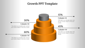 Growth PowerPoint template with stacked cylinders representing different growth percentages with placeholder text.